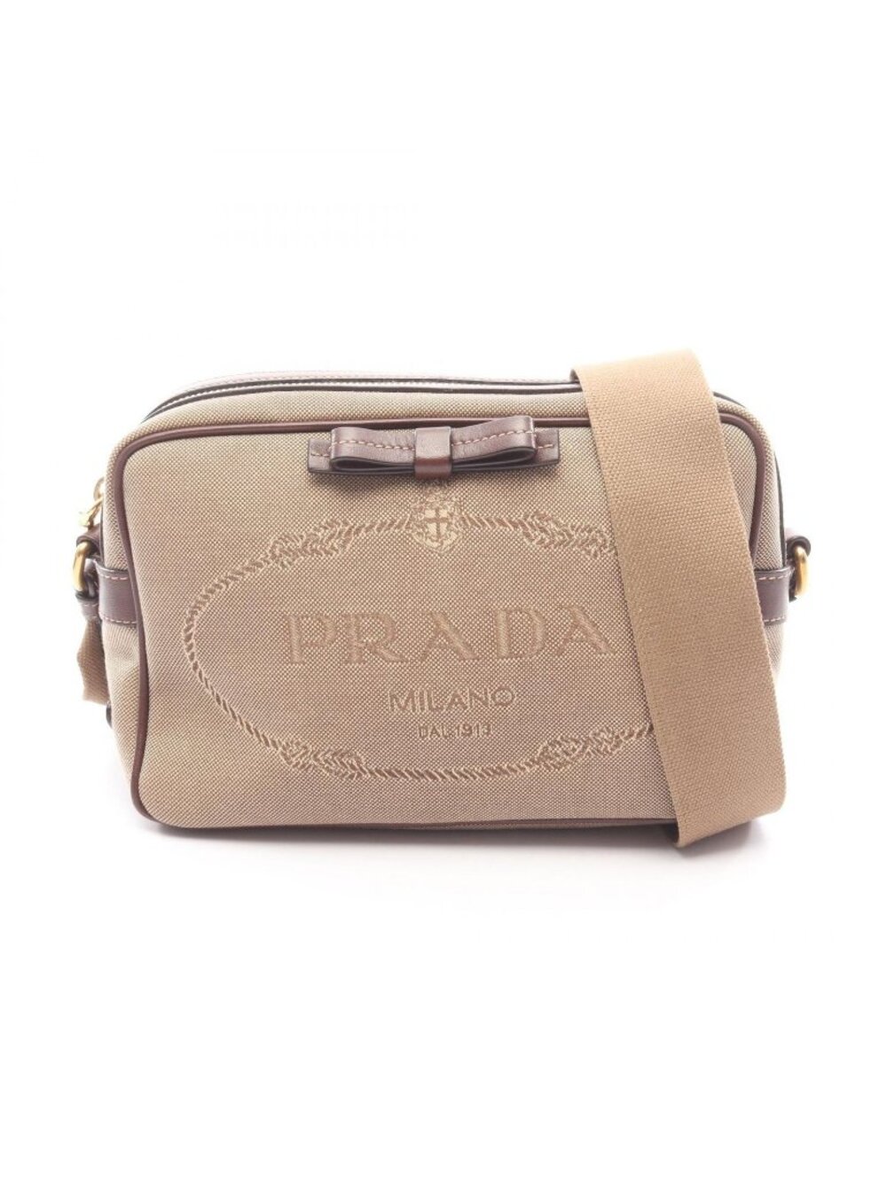 Prada Shoulder Bag Logo Jacquard Beige Canvas Leather Ribbon - Picture 1 of 6